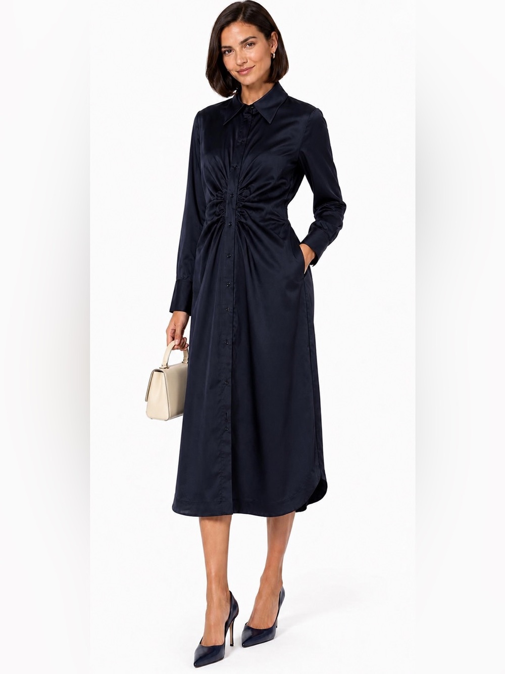 Luisa Cerano NEW Navy Ruched Waist Cotton Stretch Midi Shirt Dress Sz 14 Pockets